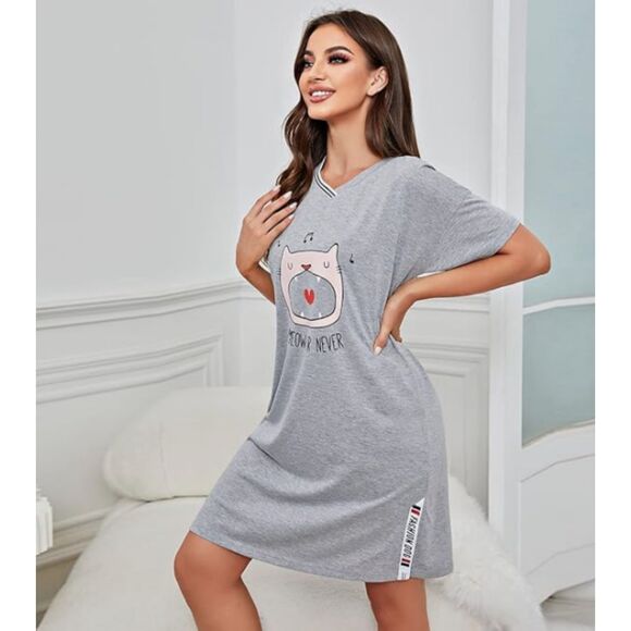 NWT "Meow or Never" Gray Kitty Cat Short Sleeve Sleepshirts Nightgown pajamas L - Picture 10 of 11